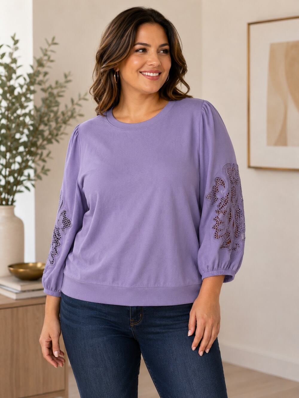 Torrid Women’s 2X Dusk Purple Cozy Fleece Crochet Sleeve Sweatshirt NWT